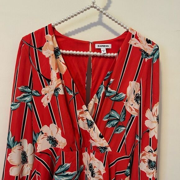 Express Women Dress small Red Floral Long Sleeve Mini Surplice wrap Lined fairy - Picture 5 of 13